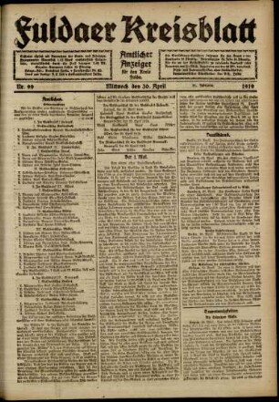 Ausgabe vom Mittwoch, den 30. April 1919.