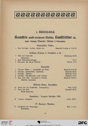 I. Abteilung. Gemälde meist moderner Meister, Kunstblätter etc. (Nr. 1-274)