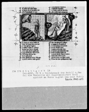 Weltchronik des Rudolf von Ems — Textseite mit Doppelminiatur, Folio 65verso