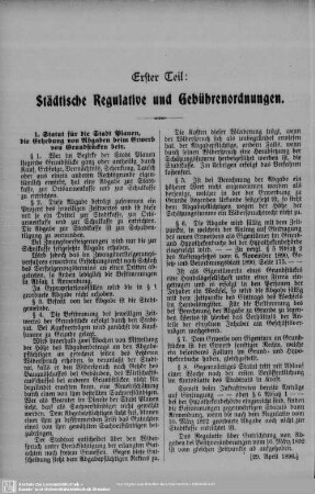 Erster Teil: Städtische Regulative und Gebührenordnungen