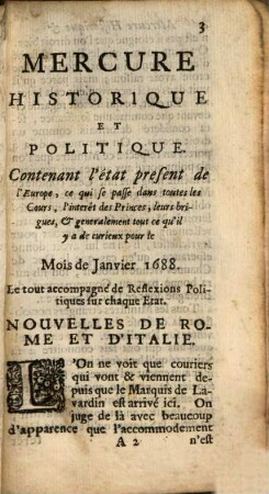 Mercure historique et politique : contenant l'état présent de l'Europe. 1688, 1. Janvier = T. 4