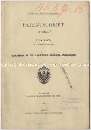 Patentschrift über Neuerungen an der Sack'schen Universal-Sämaschine, Patent-Nr. 5053