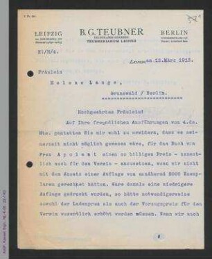Brief vom B. G. Teubner Verlag an Helene Lange