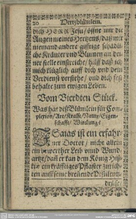 Vom Vierdten Stück. Was hat diß Blümlein für Complexion, Art, Krafft, Natur, Eigenschafft, Wirckung?
