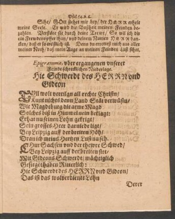 Epigramma, uber ergangenen unserer Feinde schrecklichen Niederlage. Hie Schwerdt des Herrn und Gideon