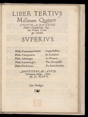 Liber tertius missarum quatuor vocum... Superius