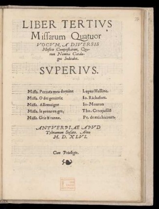 Liber tertius missarum quatuor vocum... Superius