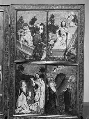 Barbara-Altar — Passionsszenen — Grablegung, Auferstehung, Noli me tangere und Himmelfahrt Christi