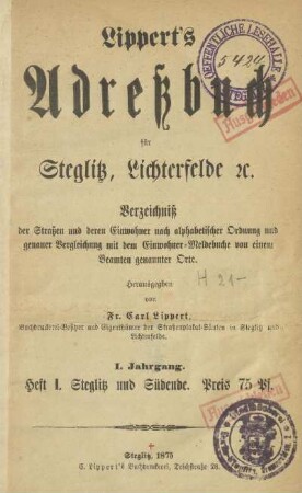 Stempel: Oeffentliche Lesehalle Steglitz ; Stadtbücherei Berlin-Steglitz, Grunewaldstr. 2