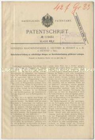 Patentschrift einer Sicherheitsvorrichtung an selbsttätigen Waagen zur Gewichtsbestimmung gefahrener L adungen, Patent-Nr. 119451