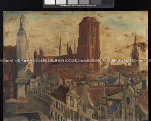 Die verdunkelte Altstadt von Danzig mit Marienkirche und Rauchschwaden