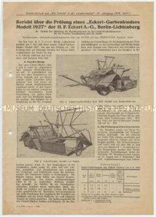 Sonderabdruck aus "Technik in der Landwirtschaft" Bericht über die Prüfung eines "Eckert-Garbenbinders Modell 1927"