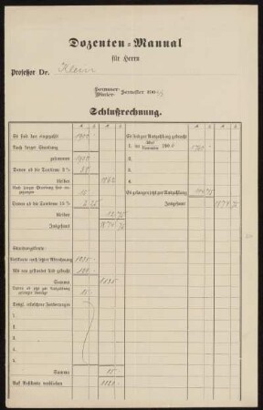 Dozenten-Manual für Herrn Professor Dr. Klein Winter-Semester 1906/7. Schlußrechnung.