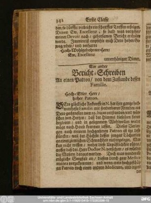 Ein ander Bericht-Schreiben An einen Patron, von dem Zustande dessen Familie.