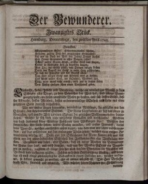 Zwanzigstes Stück. Hamburg, Donnerstags, den zwölften April 1742.