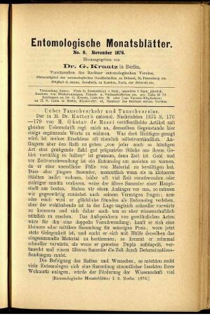 Entomologische Monatsblätter. No. 9. November 1876