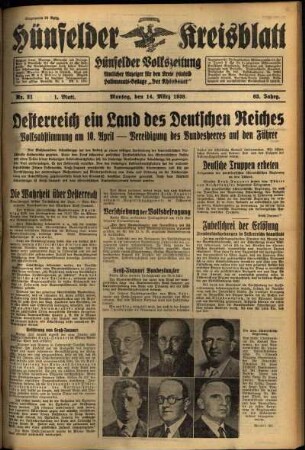 Erste Ausgabe vom Montag, den 14. März 1938.