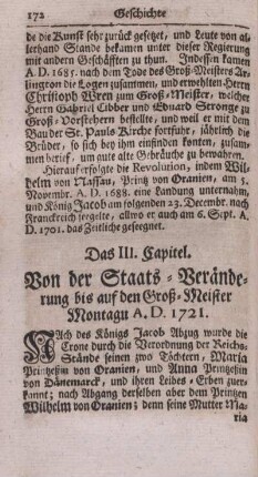 Das III. Capitel. Von der Staats-Veränderung bis auf den Groß-Meister Montagu A.D. 1721.