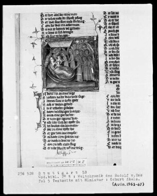 Weltchronik des Rudolf von Ems — Textseite mit drei Miniaturen, Folio 5recto
