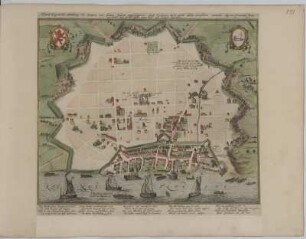 Plan der Entfestigung Köln-Mülheim, kolorierter Kupferstich, 1614 : Gantz Eigentliche Abbildung der newen vor dreyen Jahren angefangenen Statt Mülheim, darin nicht nur deroselben nunmehr abgeworffene Wall stras/sen, sondern auch all und iegliche neuwe heuser auffs fleissigst abgerissen. - 1 Plan. : mehrfarb ; 41,4 x 37,7 cm. - Titel oben Mitte - Mit Wappen - Nach einem Vorlage von Hogenberg 1560