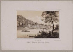 Schloss Pillnitz bei Dresden von Nordwesten über die Elbe mit Dampfschiff, Segelboot und Gondeln gesehen