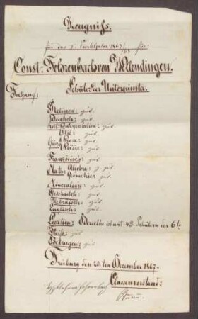 Zeugnis von Constantin Fehrenbach für das I. Vierteljahr 1867/68