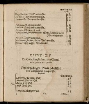 XII. De Oleis simplicibus arte Chymimica paratis aut expressis. Von einfechtigen Olien gedistilirt oder Ausgepresset