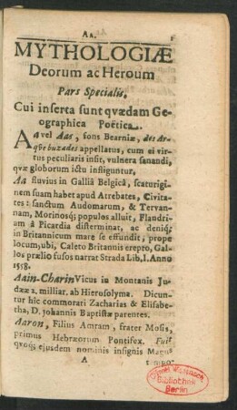 Mythologiae Deorum ac Heroum Pars Specialis.