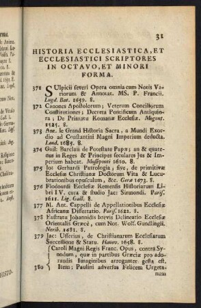 31-59, Historia Ecclesiastica, et Ecclesiastici Scriptores in Octavo, et Minori Forma - Politici in Octavo, et Minori Forma