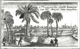 ... Casteelende Stadt Batavia (Jakarta). Plan ca. 1:6275 (N= links) mit Straßenverzeichnis und seeseitigem Panorama von Batavia. Stich, 40,1 x 50,4 cm, Amsterdam, um 1681. Dresden: SLUB Kartensammlung. Ausschnitt: Prospeckt der Stadt Batavia von der Morgenseite