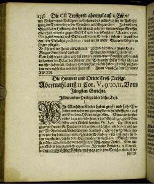 Die Hundert und Dritte Trost-Predigt. Abermahl auß II. Cor. V. 9/ 10 / 11. Vom Jüngsten Gerichte.