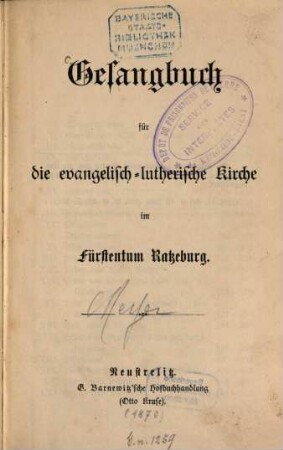 Gesangbuch für die evangelisch-lutherische Kirche im Fürstentum Ratzeburg