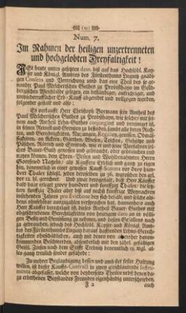 Num. 7. Im Nahmen der heiligen unzertrenneten und hochgelobten Dreyfaltigkeit!