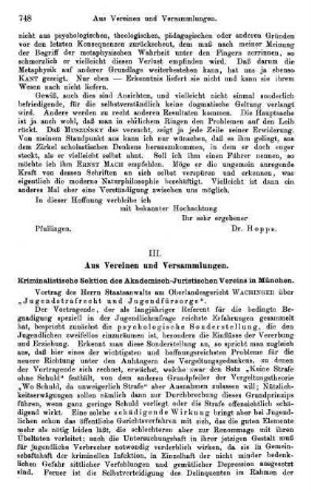 748-752, III. Aus Vereinen und Versammlungen