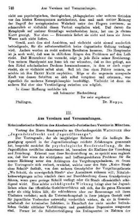 748-752, III. Aus Vereinen und Versammlungen