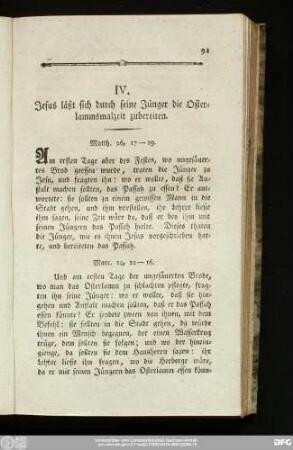 IV. Jesus läßt sich durch seine Jünger die Osterlammsmalzeit zubereiten.