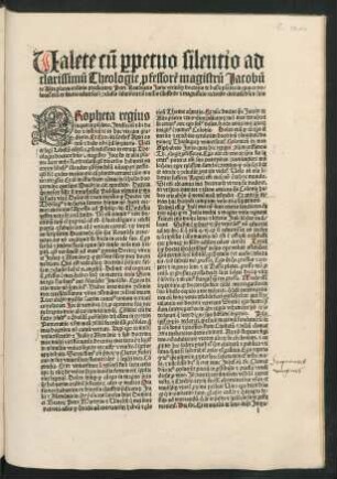 Valete cum perpetuo silentio ad clarissimum Theologie professorem magistrum Jacobum de Alta platea ordinis predicatorum Petri Ravenatis ...