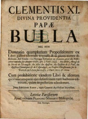 Bulla nec non damnatio ... (libri) sub Titulo: Le nouveau Testament en françois