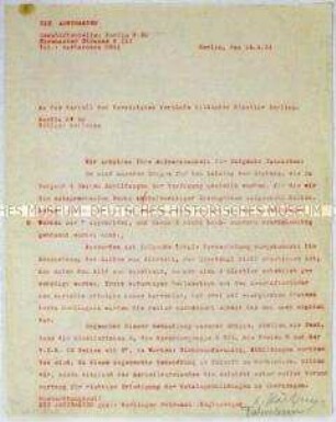 Durchschlag eines Schreibens der Künstlervereinigung "Die Abstrakten" an das Kartell der Vereinigten Verbände Bildender Künstler Berlins zur Großen Berliner Kunstausstellung 1931 - Sachkonvolut