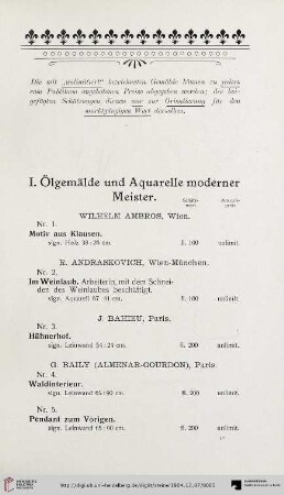 I. Ölgemälde und Aquarelle moderner Meister (Nr. 1-196)