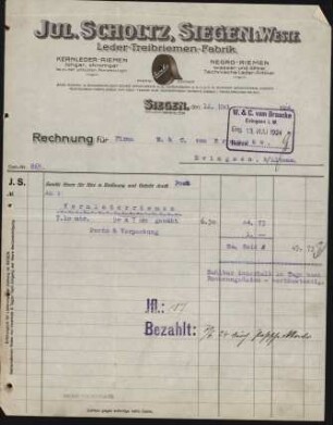 Firmenbriefkopf Jul. Scholtz, Siegen i. Westf., Leder - Treibriemen - Fabrik