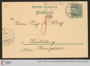 Briefe von Carl Pulfrich an Max Wolf: Karte von Carl Pulfrich an Max Wolf