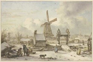 Winterlandschaft mit Schiffshebewerk und Windmühle