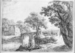 Flusslandschaft mit einer Kuhherde an der steinernen Brücke (aus einer Folge Landschaften, quer, ohne Nummer)