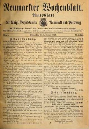 Neumarkter Wochenblatt : nationale Tageszeitung für die südwestliche Oberpfalz ; ältestes Heimatblatt ; Neumarkter Volkszeitung. 1896 = Jg. 61