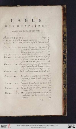Table des chapitres