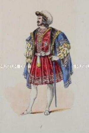 Mann in rotem Patriziergewand mit geschnürten Ärmeln und blauem Umhang - Tafel aus Franceschini/Neue Kostümsammlung (Kassette 3)