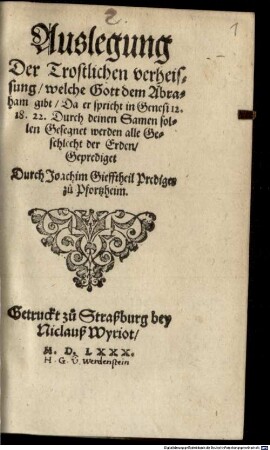 Auslegung der tröstlichen Verheißung ... durch deinen Samen sollen gesegnet werden alle Geschlechter der Erde