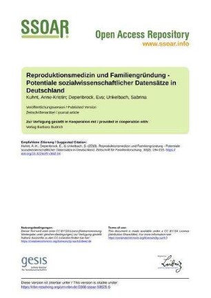 Reproduktionsmedizin und Familiengründung - Potentiale sozialwissenschaftlicher Datensätze in Deutschland