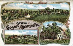 Lommatzsch-Trogen und Grauswitz. Ortsansichten, kolorierte Ansichtskarte